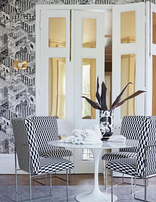 Philadelphia interior designer Glenna Stone black and white fabrics Cole & Son Tile Jaquard chairs