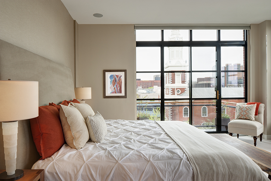 Master bedroom by Philadelphia interior designer Glenna Stone Best interior designer philadelphia master bedroom glenna stone modern cream luxury