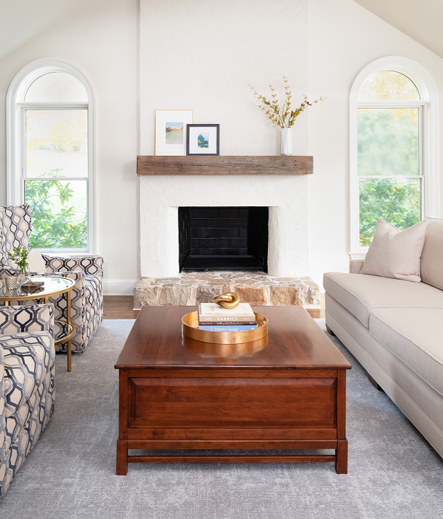 Philadelphia interior designer Glenna Stone fireplaces Villanova family room reclaimed mantle
