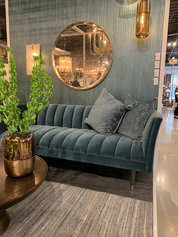 Philadelphia interior designer Glenna Stone High Point Market Spring 2019 Arteriors teal sofa