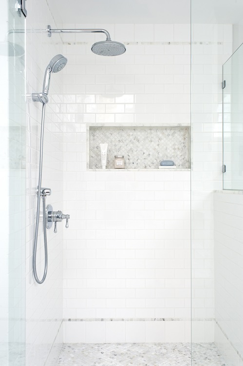 Best interior design firm Philadelphia Glenna Stone Interior Design Villanova master bath spa shower with niche