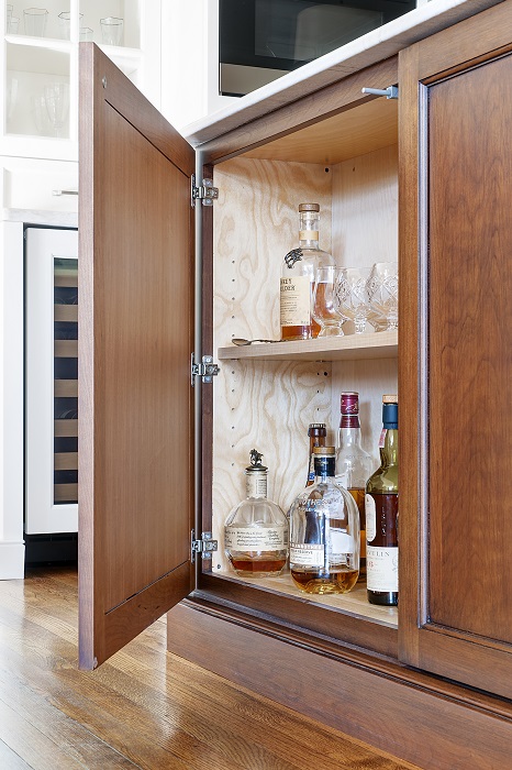 Touch open bar cabinet in kitchen island Glenna Stone Interior Design