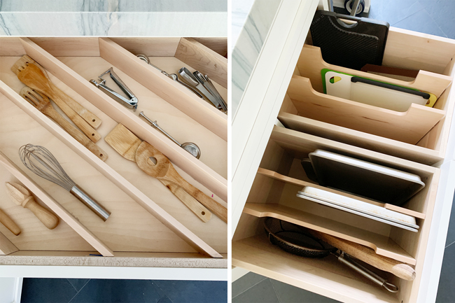 Custom drawer inserts for New Hope kitchen storage with cooking utensils, cutting boards, and baking sheets