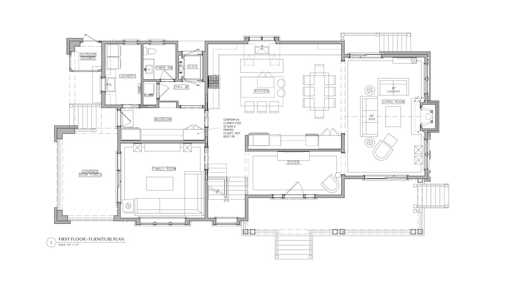 First-floor furniture plan showing layout of kitchen, family room, living room, mudroom, laundry, powder room, and covered porch.