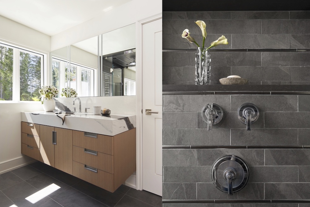 Two photos showing a contemporary bathroom with accessible design. The left photo shows a floating wood vanity with a marble sink. The right photo shows a shower interior with gray tile, chrome fixtures, and flowers in a vase.